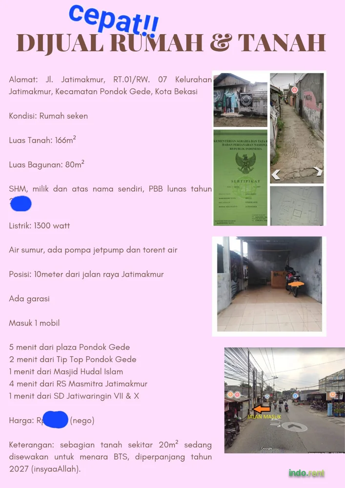 Tanah dan Rumah Murah di Jatimakmur, Pondok Gede, Bekasi
